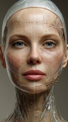 Poster - A futuristic portrait of a humanoid figure with intricate details. The blend of technology and art creates a captivating visual. It represents the fusion of human and machine. AI