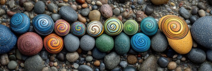 Leinwandbilder - Colorful Painted Rocks Arranged in a Spiral Pattern on a Pebbled Beach During Daylight Hours Generative AI
