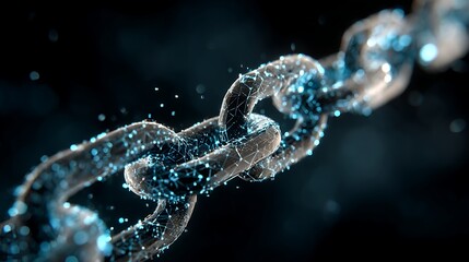 Aufkleber - A close, up of the digital chain symbolizing blockchain technology, glowing in shades of blue and silver against an abstract dark background