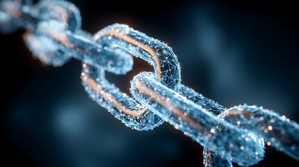 Poster - A close, up of the digital chain symbolizing blockchain technology, glowing in shades of blue and silver against an abstract dark background