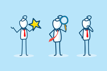 Poster - Set of Three Business Stick Figure Characters Engaging in Creative Discussions with Stars, Magnifying Glass, and Thoughtful Gesture
