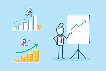 Poster - Illustration of Businessman Presenting Financial Growth Data with Charts and Graphs in a Bright Office Environment