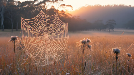 Spiderweb covered in water droplets sparkling in soft morning light