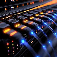 Poster - A close-up of a computer keyboard illuminated with glowing lights creating a modern aesthetic