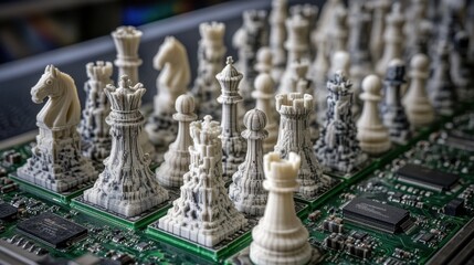 Poster - 3D Printed Chess Pieces on Computer Circuit Board Close Up High Angle Shot Strategy Concept Technology Innovation