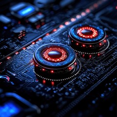 Poster - Intricate computer circuit board featuring vibrant red and blue lights illuminating the pathways