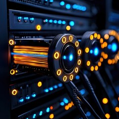 Poster - High-tech server with glowing lights signifying active data processing in a modern digital environment