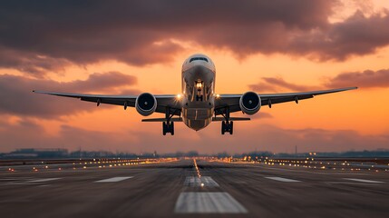 Poster - A large jetliner taking off from an airport runway at sunset or dawn with the landing gear down and the landing gear down, as the plane is about to take off