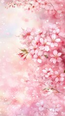 Poster - Watercolor Cherry Blossom Branch Blooming in Springtime Soft Pink Hues Artistic Floral Illustration