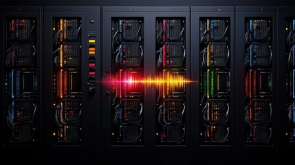 Poster - Extensive server rack housing multiple servers in a high-tech data center environment