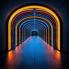 Poster - Neon-lit tunnel with brightly colored lights creating a dreamlike and hypnotic visual experience
