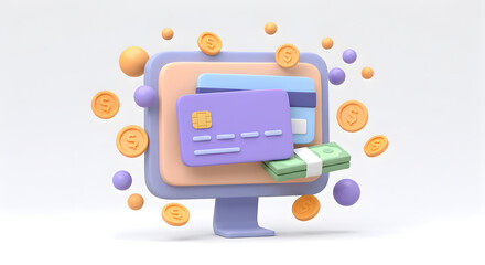 Aufkleber - 3D Render of Desktop Computer Displaying Credit Cards Cash and Coins on White Background Representing Digital Finance