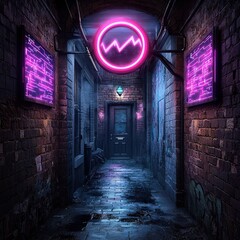 Poster - A mysterious dark alley illuminated by vibrant neon signs creating an urban nighttime atmosphere
