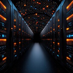 Poster - Server room filled with rows of high-performance servers highlighting advanced computing technology