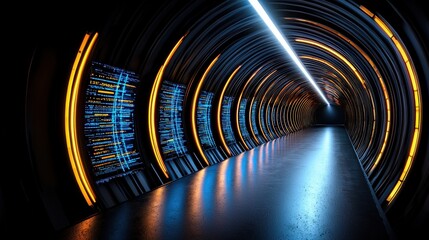 Poster - Long tunnel pathway leading into darkness with subtle light at the end creating a mysterious atmosphere