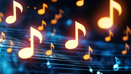 Poster - Golden music 3d glittering flowing on a blue notes background creating a vibrant and festive musical atmosphere video 4k