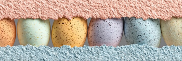 Poster - Colorful Speckled Eggs Arranged in a Flat Frame of Pastel Textures, Perfect for a Spring Celebration or Decoration Idea Generative AI