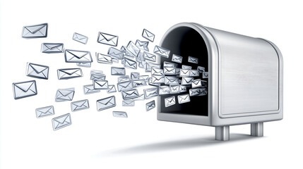an email mailbox with many emails flying out. The image conveys a sense of communication, technology, and modern digital messaging