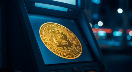 Aufkleber - Golden Bitcoin Shining on Dark Blue Digital Screen Emphasizing Modern Finance and Technology
