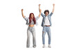 © Ljupco Smokovski - Happy young asian woman and caucasian guy cheering with raised arms
