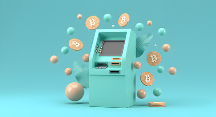 Aufkleber - Mint Green Atm Machine Surrounded by Digital Gold Coins Spheres and Abstract Leaves in Modern Cryptocurrency Concept
