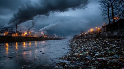 Aufkleber - A polluted waterway choked with plastic debris flows beneath a gray sky, showcasing the industrial backdrop emitting dense smoke as dusk begins to settle