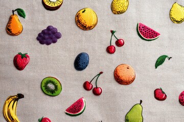 Poster - Vibrant Summer Fruits Pattern on Light Fabric for Cheerful Home Decor and Seasonal Events Generative AI