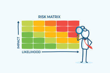 Poster - Illustration of a Stick Figure Businessman Analyzing a Colorful Risk Matrix for Impact and Likelihood Assessment in a Strategic Environment