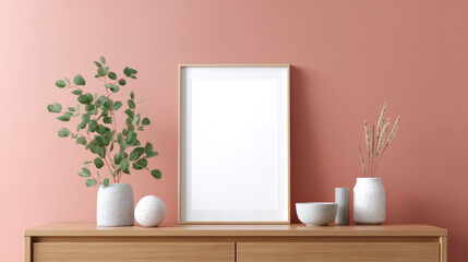 Poster - Frame mockup for photo display on wooden cabinet with minimalist decor and soft pink wall background creating calm and modern atmosphere