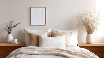 Poster - Minimalist bedroom interior with wooden frame for photo mockup above cozy bed, neutral pillows, and dried flowers in vases creating calm and inviting atmosphere