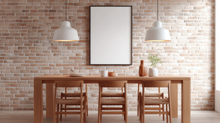 Aufkleber - Modern dining room features wooden table and chairs with blank frame for photo mockup on brick wall, illuminated by pendant lights and decorated with minimalist accessories