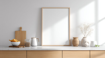 Aufkleber - Frame for photo mockup in modern kitchen with wooden cabinet, ceramic vase, cutting board, bowl of fruit, and natural light creating calm atmosphere