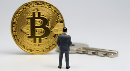 Poster - Figurine Gazing at Giant Golden Bitcoin with Silver Key Symbolizing Secure Finance on White Backdrop