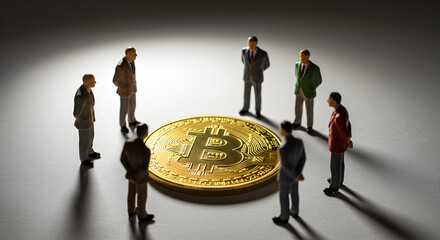 Aufkleber - Figurines Surrounding a Golden Bitcoin Representing Cryptocurrency Finance and Investment in a Dark Gray Background with Strong Spotlight