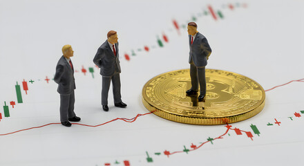 Poster - Financial Chart with Gold Bitcoin and Three Miniature Business Figures in a Macro Close Up Still Life on White