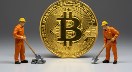 Aufkleber - Golden Bitcoin Mining Concept Featuring Miniature Workers With Orange Uniforms and Shovels on Gray Background