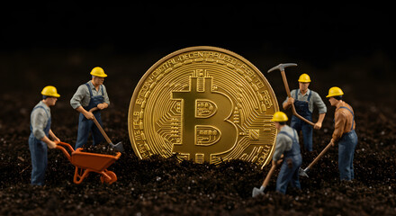 Poster - Golden Bitcoin Mining Scene with Miniature Workers on Soil Dark Background Depicting Hard Work in Crypto Currency Concept