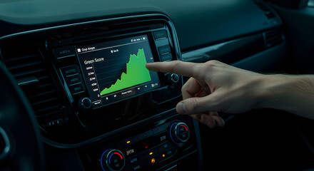 Poster - Man's Hand Touches Digital Dashboard Screen Displaying Green Upward Trending Graph in a Car Interior