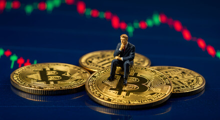 Poster - Miniature Businessman Sitting on Gold Coins with Stock Market Graph in the Background