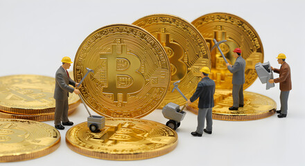 Aufkleber - Miniature Miners Working on Gold Coins Illustrating Bitcoin Mining Concept on White Background