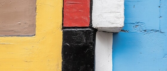 Poster - Colorful Geometric Wall Art Close Up Abstract Shot of Painted Rectangles in Brown Yellow Red Black White and Blue