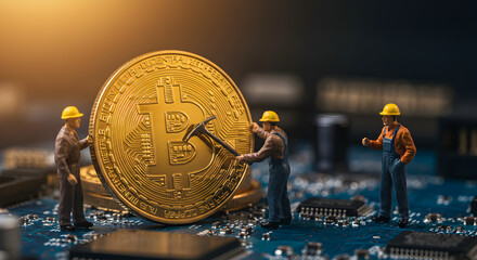 Aufkleber - Miniature Workers Mining Golden Bitcoin on Blue Circuit Board Symbolizing Cryptocurrency And Digital Finance