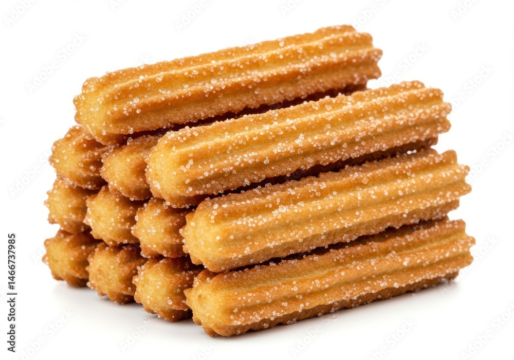 Stack of freshly fried churros sprinkled with sugar on a white background