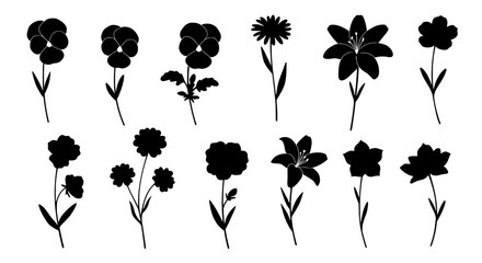 Poster - Silhouette Floral Collection: A minimalist collection of floral silhouettes in simple black, suitable for design and decorative purposes.