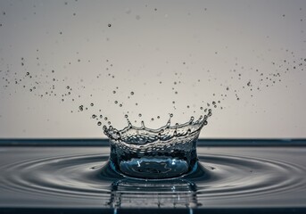 Poster - Water droplet creates a crown splash with ripples and smaller droplets in the air