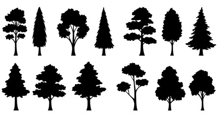 Poster - Silhouetted Tree Collection: A diverse set of silhouetted trees stands in stark contrast, ready to bring the elements of nature and growth to your artistic vision.