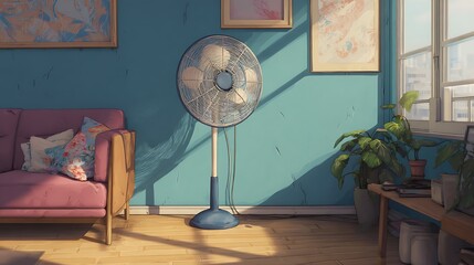 Poster - A tall fan sits in a living room next to a couch