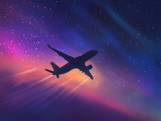 Poster - airplane silhouette soars through vibrant cosmic sky digital art fantasy travel adventure flight