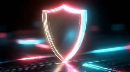 Aufkleber - A vibrant glowing chrome shield symbol on a digital background, representing cybersecurity and data protection in a futuristic technology environment, illuminated with neon colors