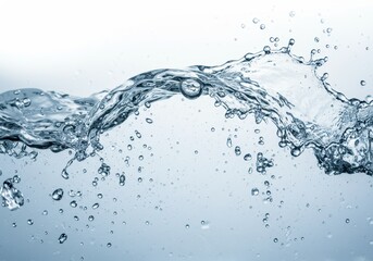 Poster - Clear water surface with droplets and a wave cresting against a light blue background in a horizontal composition